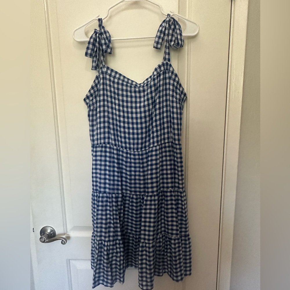 Blue and white checkered tiered dress with tie straps. Only worn a few times